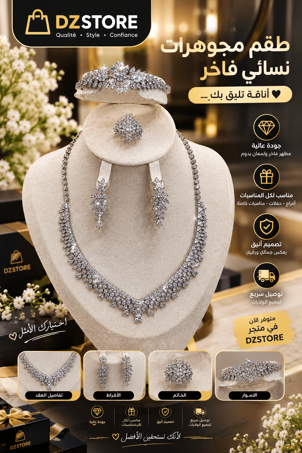 طقم مجوهرات نسائي فاخر – عقد + أقراط + خاتم + سوار